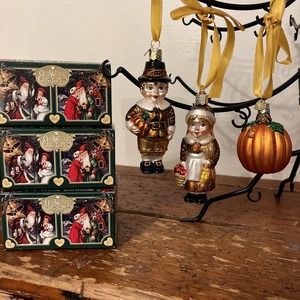 Old World Christmas Blown Glass Ornament Pilgrim Boy Girl Pumpkin Thanksgiving